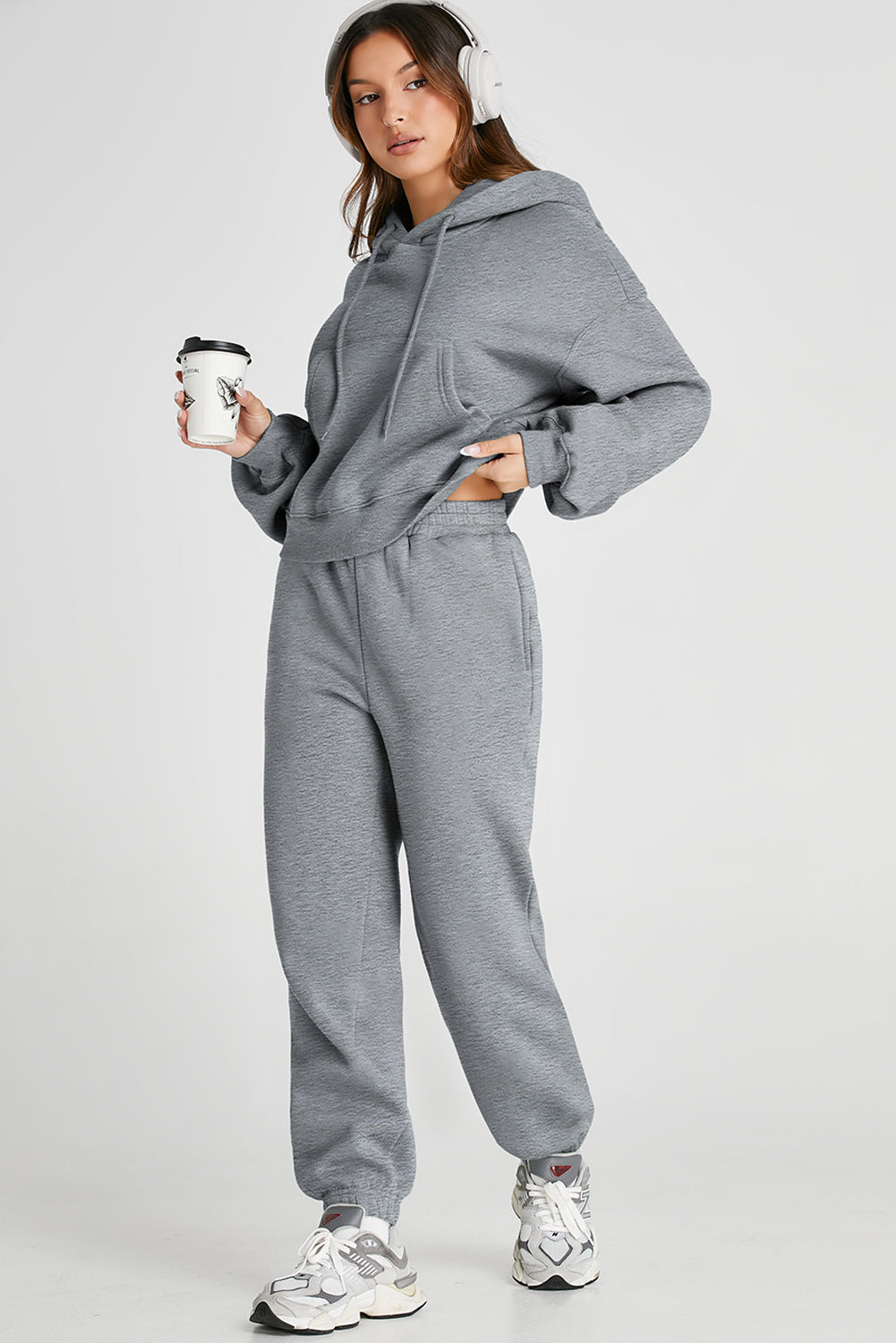 Gray Solid Drop Shoulder Hoodie and Jogger Set