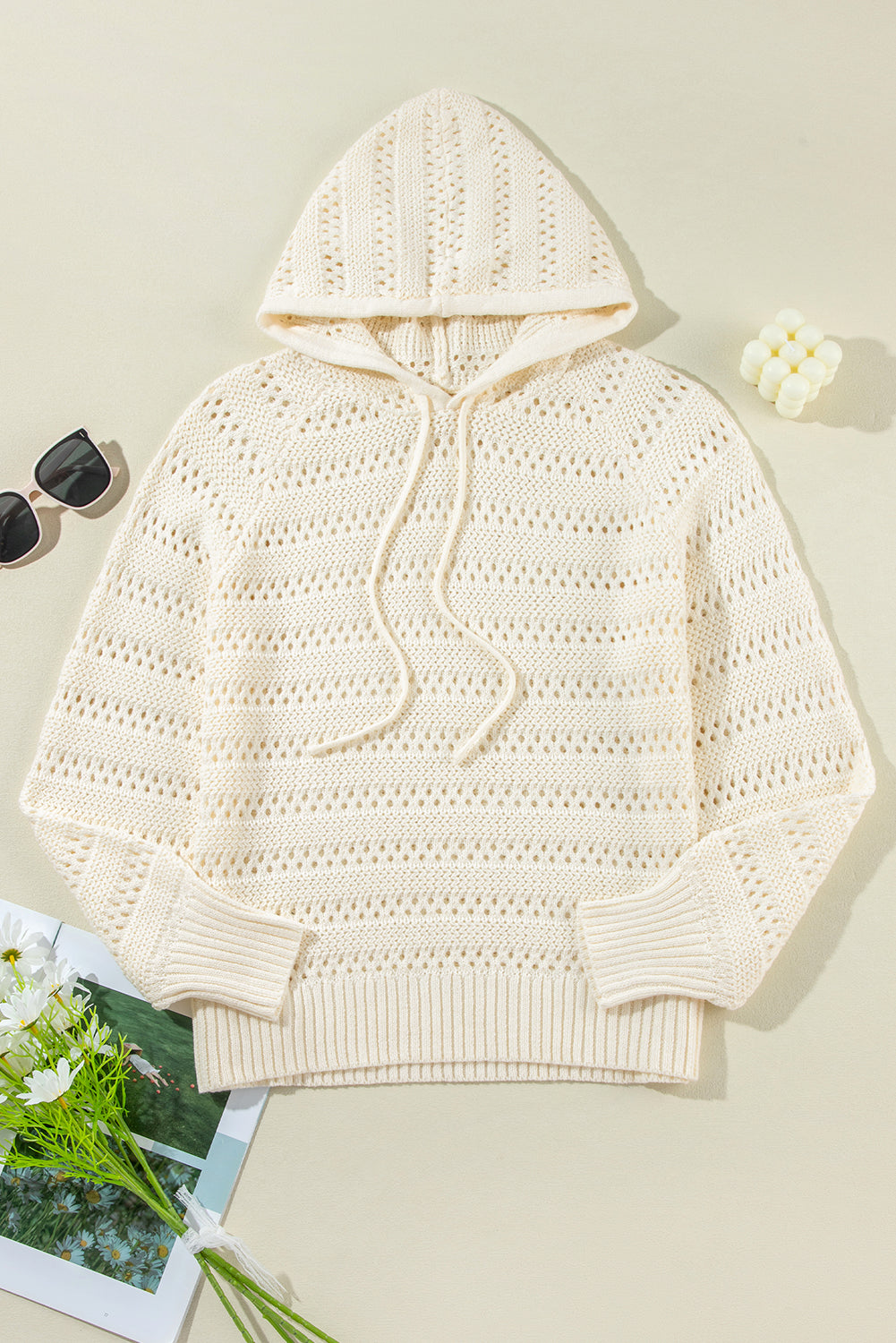 Peach Blossom Pointelle Knit Raglan Sleeve Drawstring Hooded Sweater