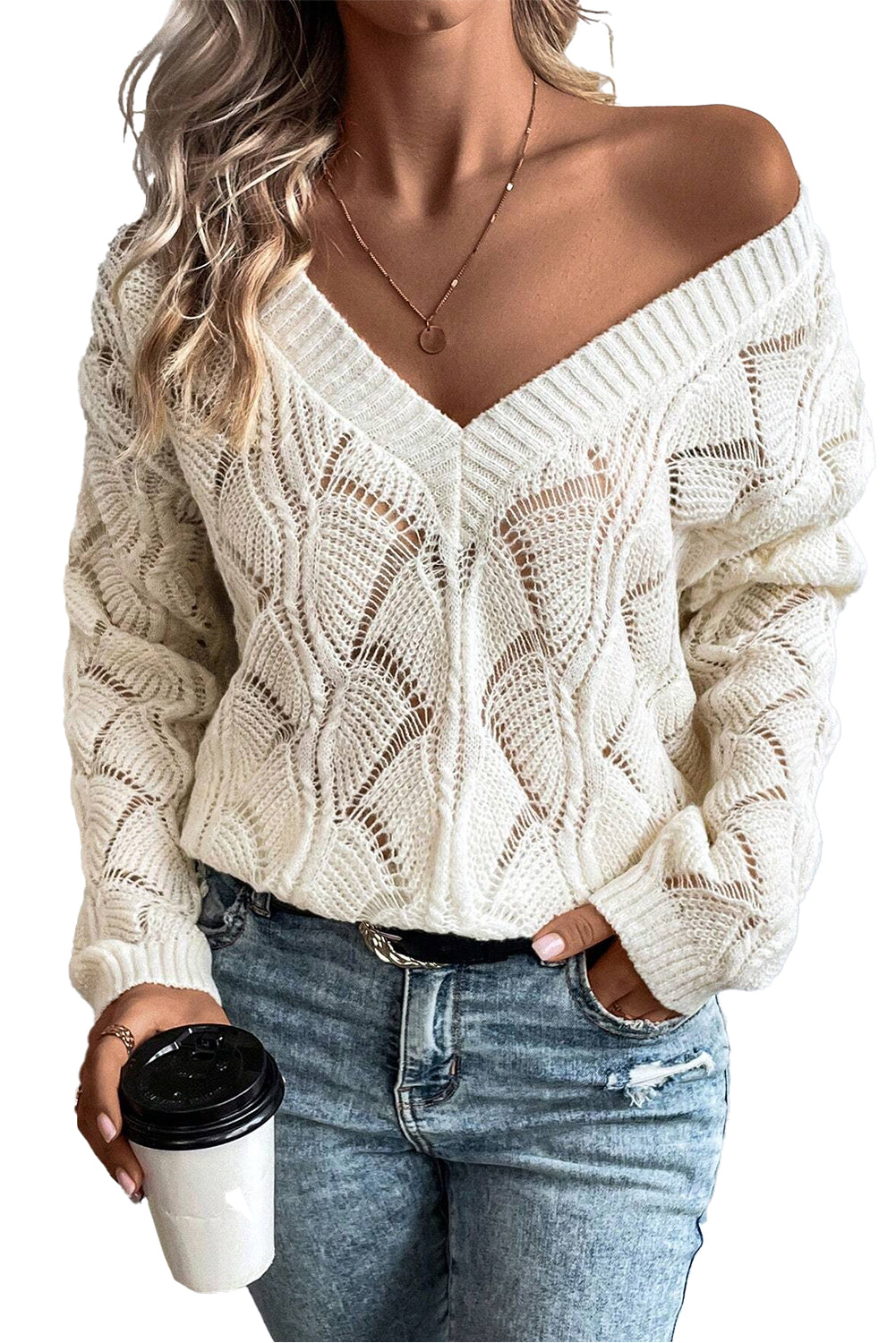 Beige Knit Hollow Out V Neck Drop Shoulder Sweater