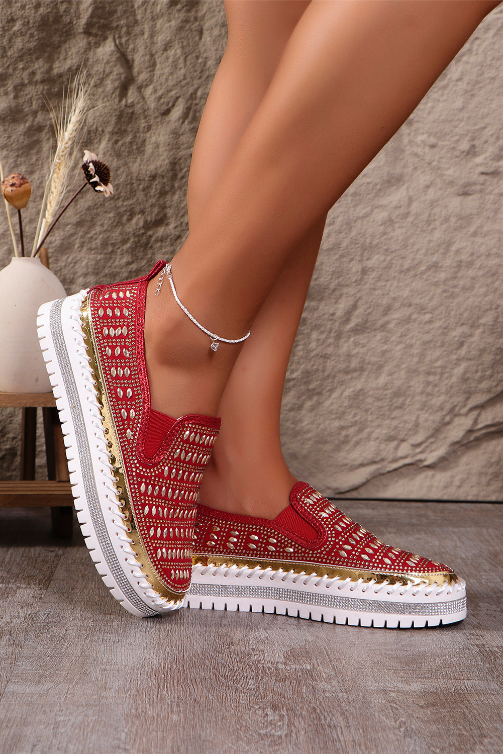 Fiery Red Shining Sequin Slip-On Sneakers