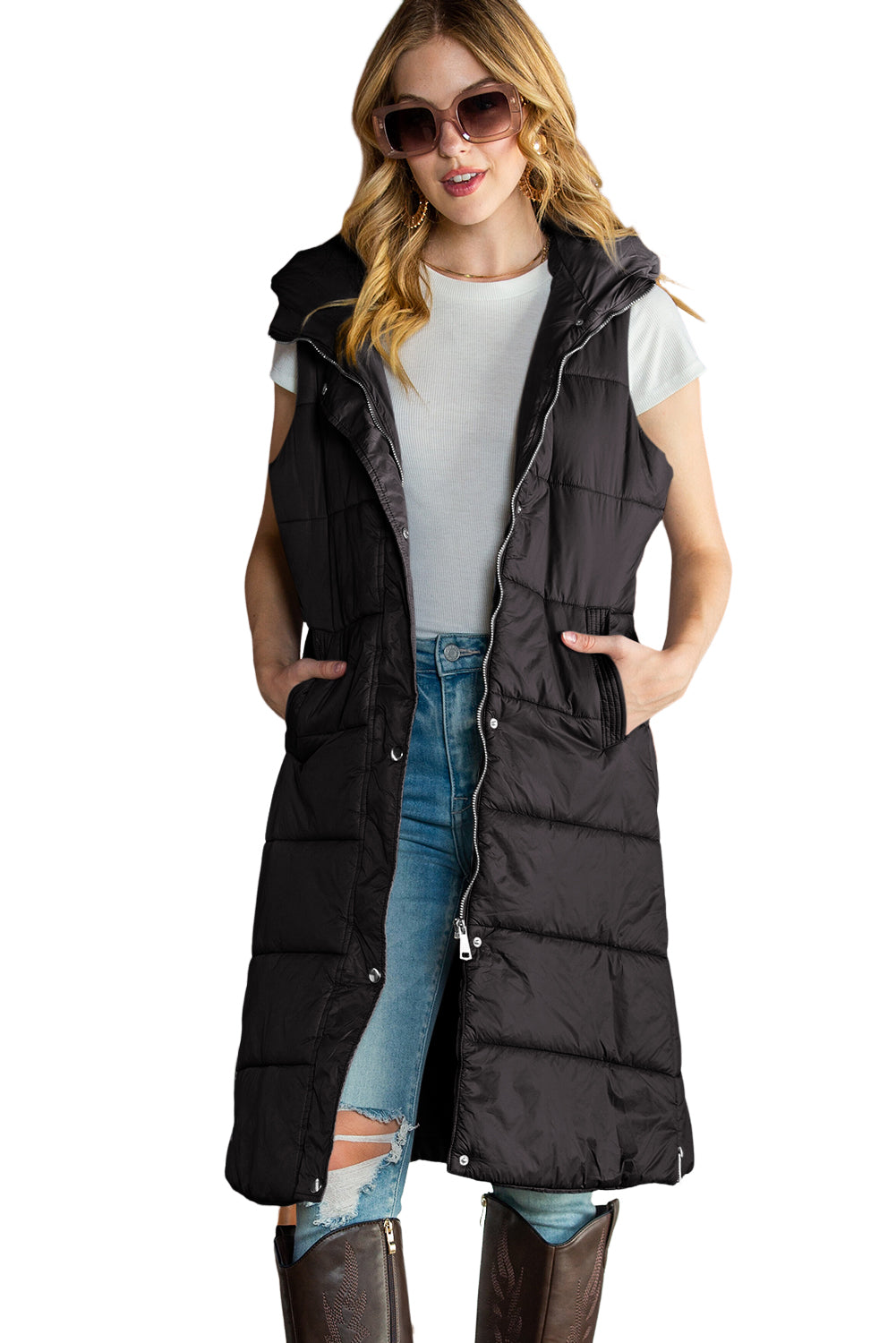 Green Hooded Pocketed Quilted Long Vest Coat