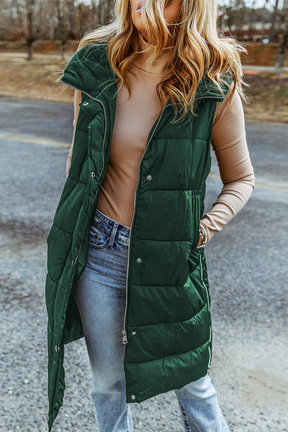 Green Hooded Pocketed Quilted Long Vest Coat