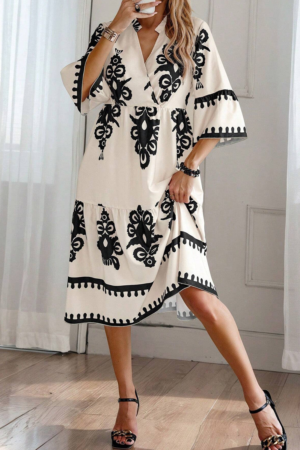 Black Ethnic Print 3/4 Sleeve Loose Midi Dress