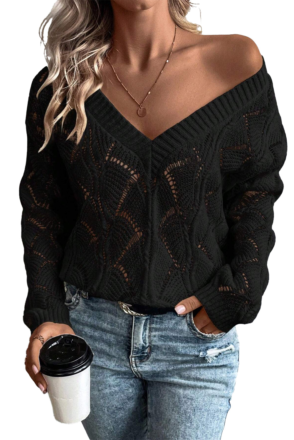 Beige Knit Hollow Out V Neck Drop Shoulder Sweater