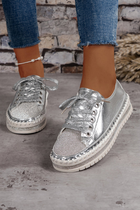 PREORDER Silvery Rhinestone Metallic Lace-up Sneakers (Available 10/20/2024)