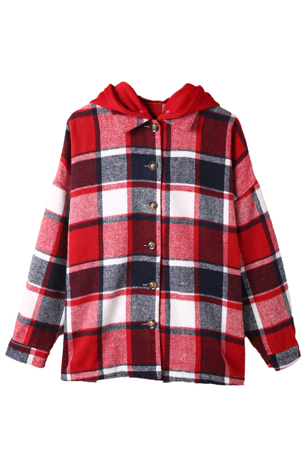 Red Plaid Button Front Hooded Shacket