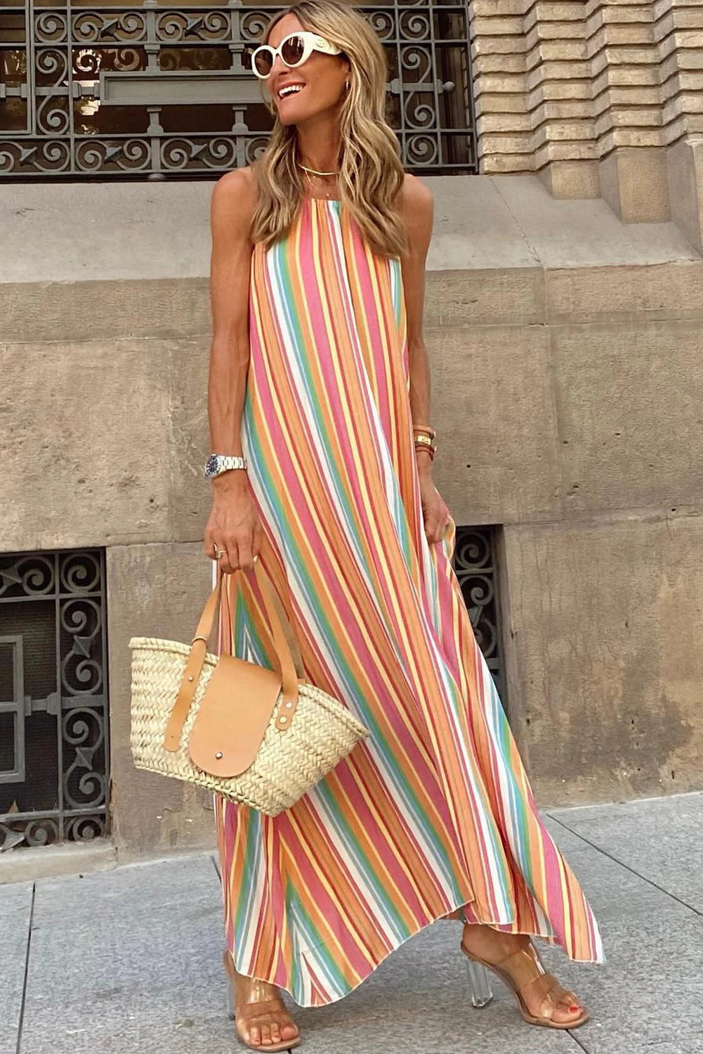 Bohemian Striped Colorblock Maxi Dress