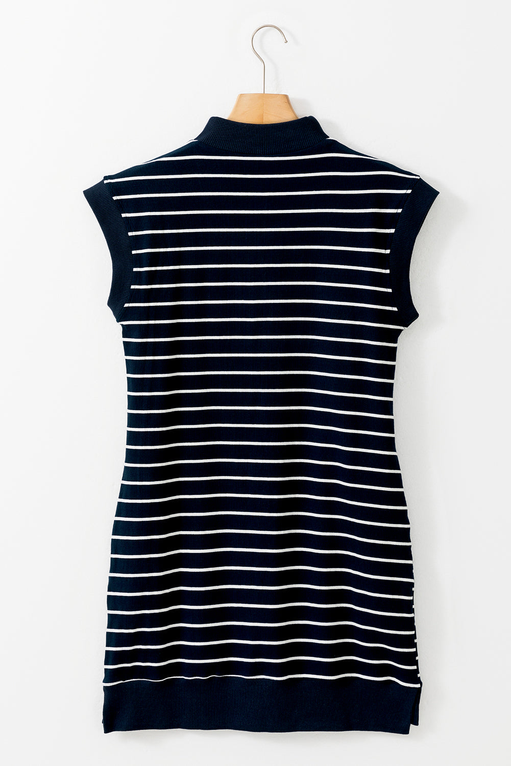 Striped Quarter Zip Collar Cap Sleeve Mini Dress