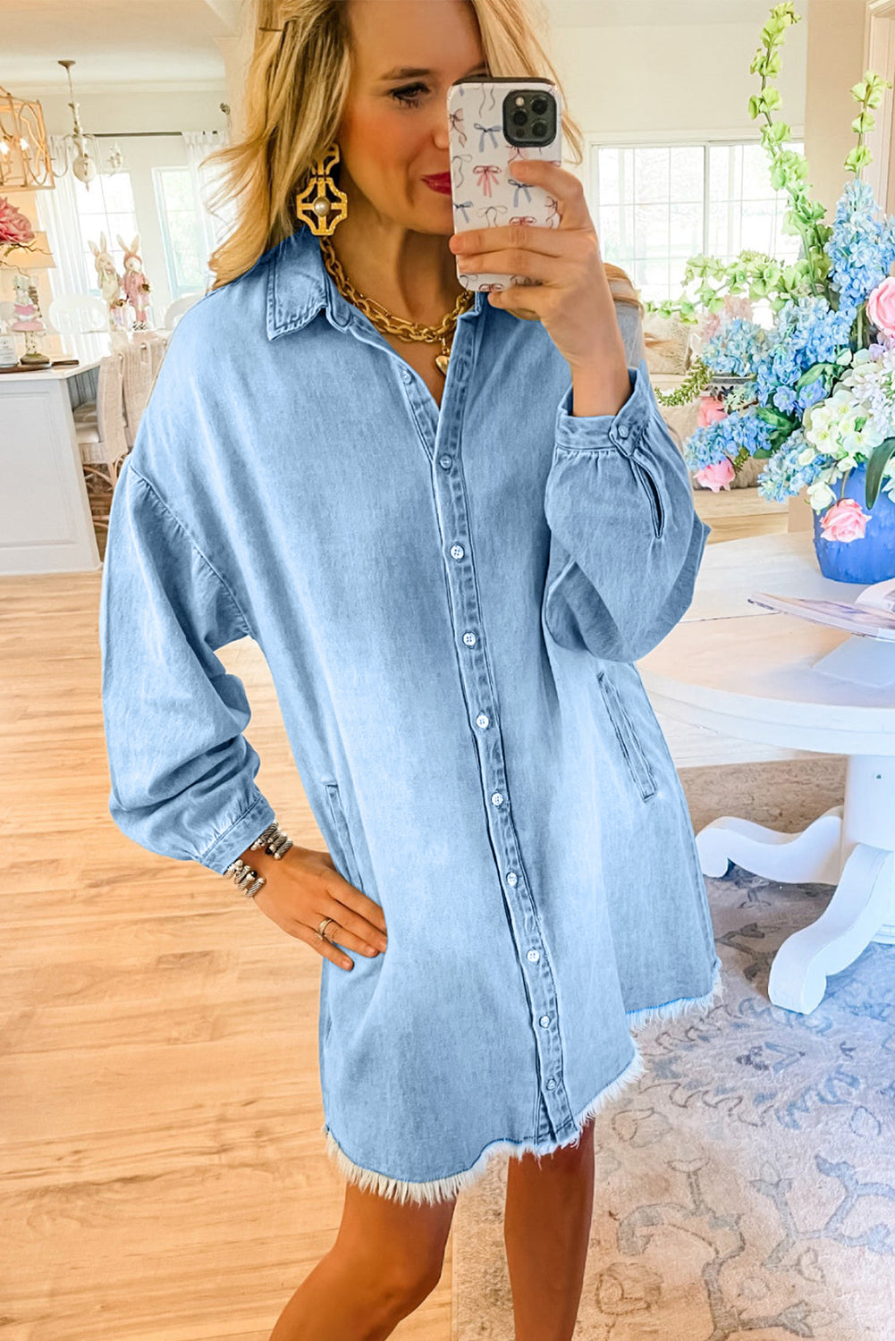 Beau Blue Washed Raw Hem Denim Shirt Dress