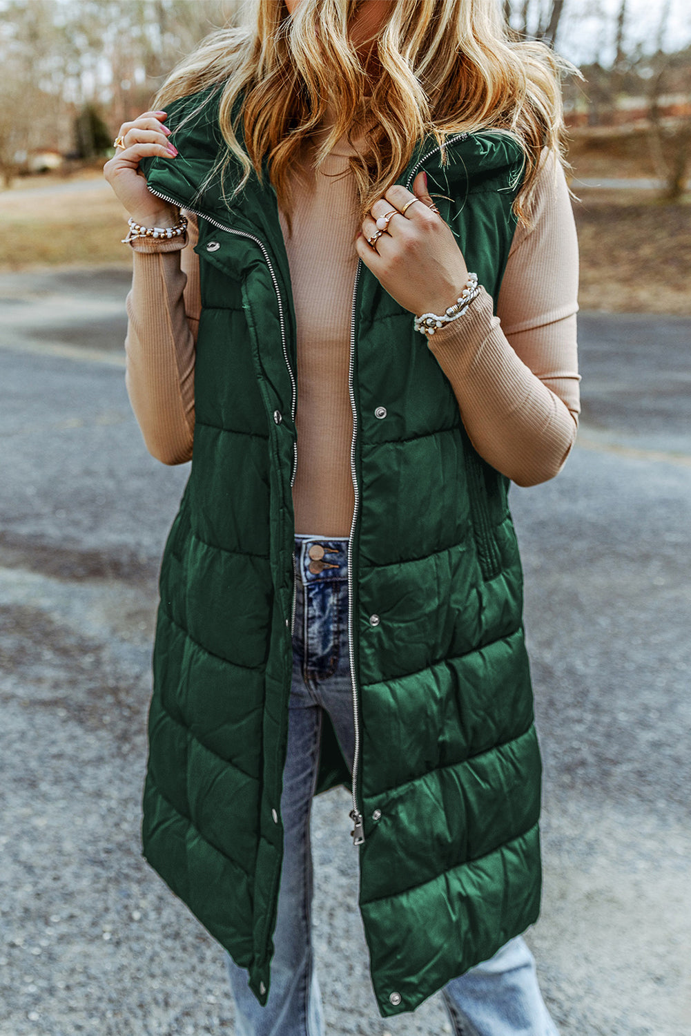 Green Hooded Pocketed Quilted Long Vest Coat