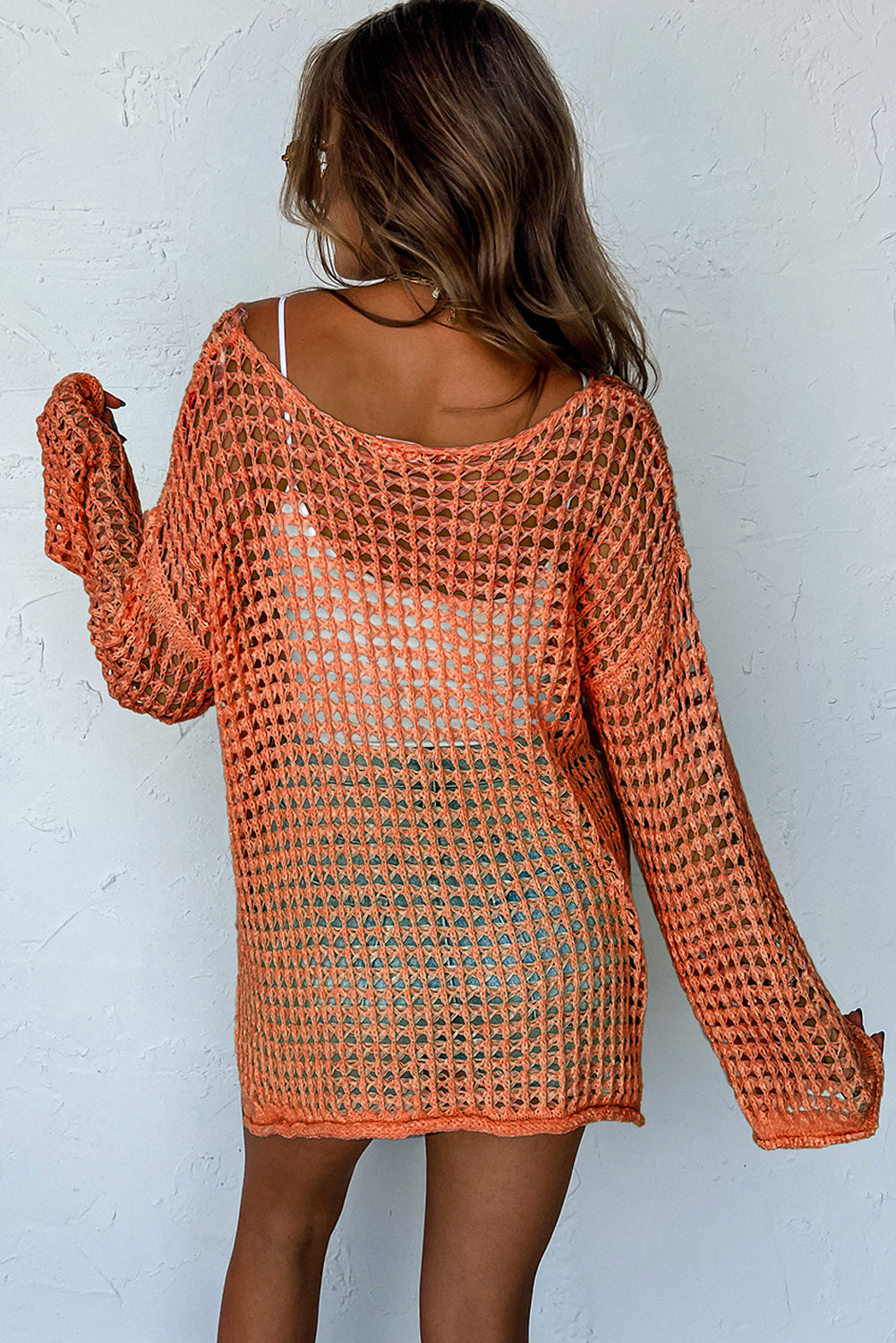 Orange Knit Cut Out Crochet Long Sleeve Tunic Top (PRE ORDER EST 4/24/2024)