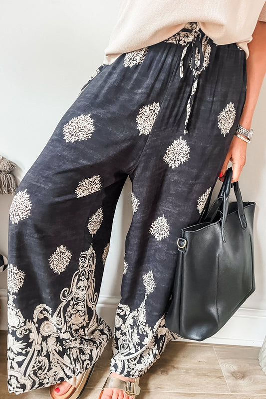 Black Bohemian Print Drawstring Waist Wide Leg Pants