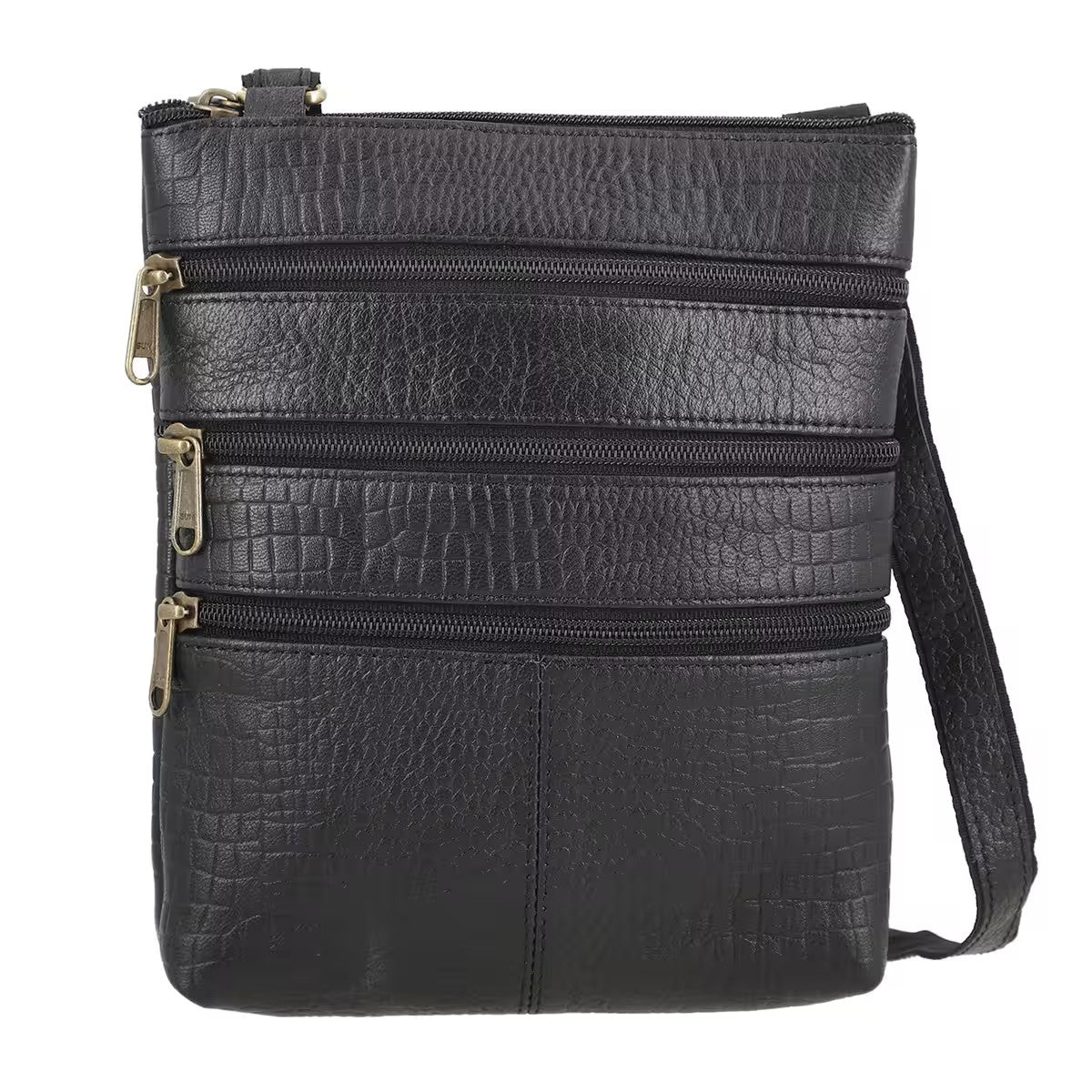 Flat Genuine Leather Croco Embossed Crossbody Bag