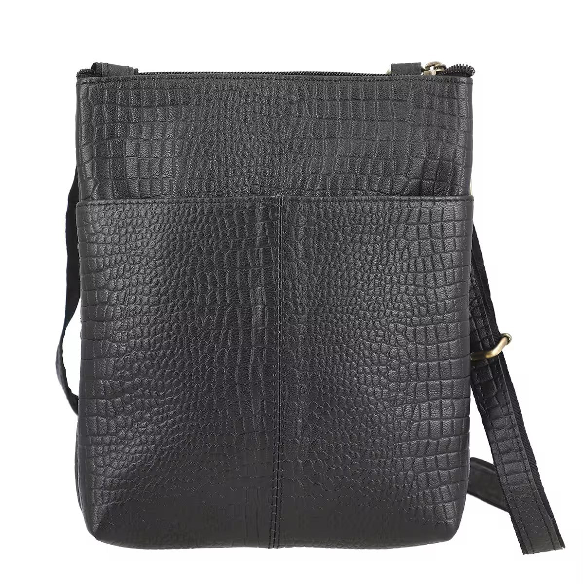 Flat Genuine Leather Croco Embossed Crossbody Bag