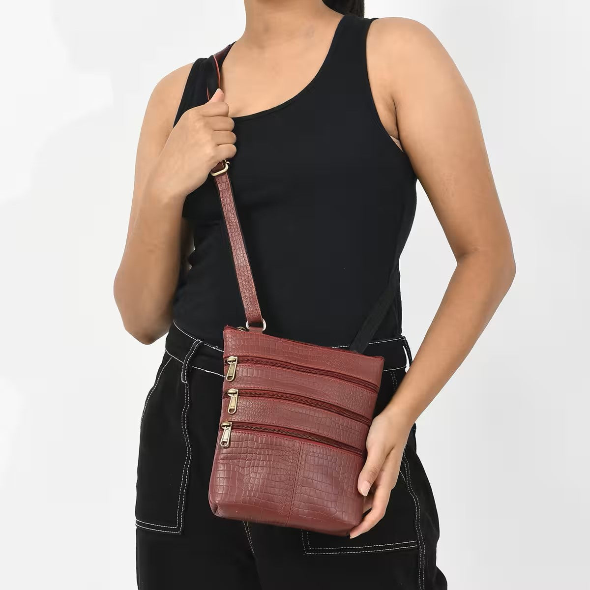 Flat Genuine Leather Croco Embossed Crossbody Bag