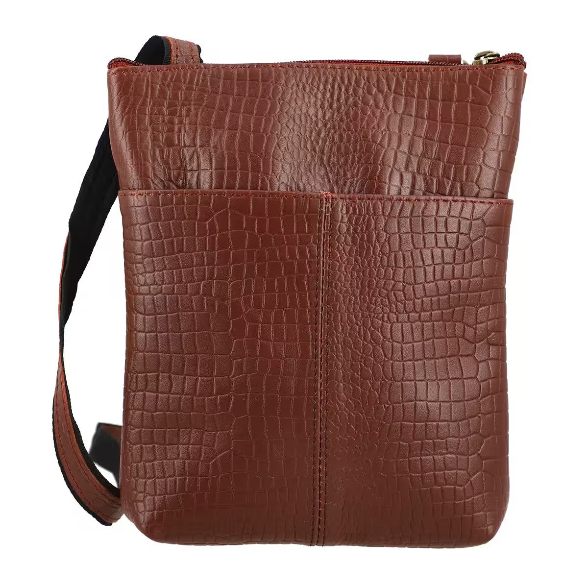 Flat Genuine Leather Croco Embossed Crossbody Bag