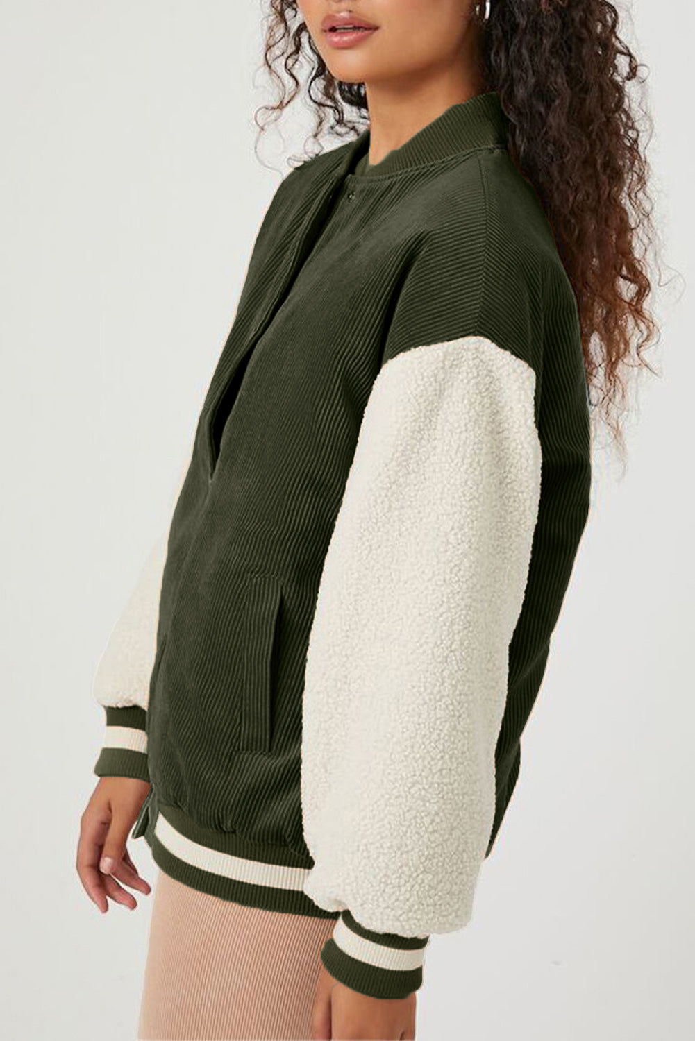 Buckskin Corduroy Fleece Patchwork Buttoned Bomber Coat