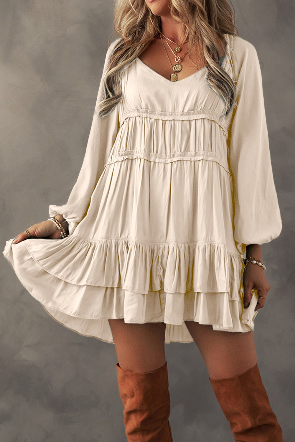 Apricot Puff Sleeve Loose Fit Tiered Ruffle Mini Dress