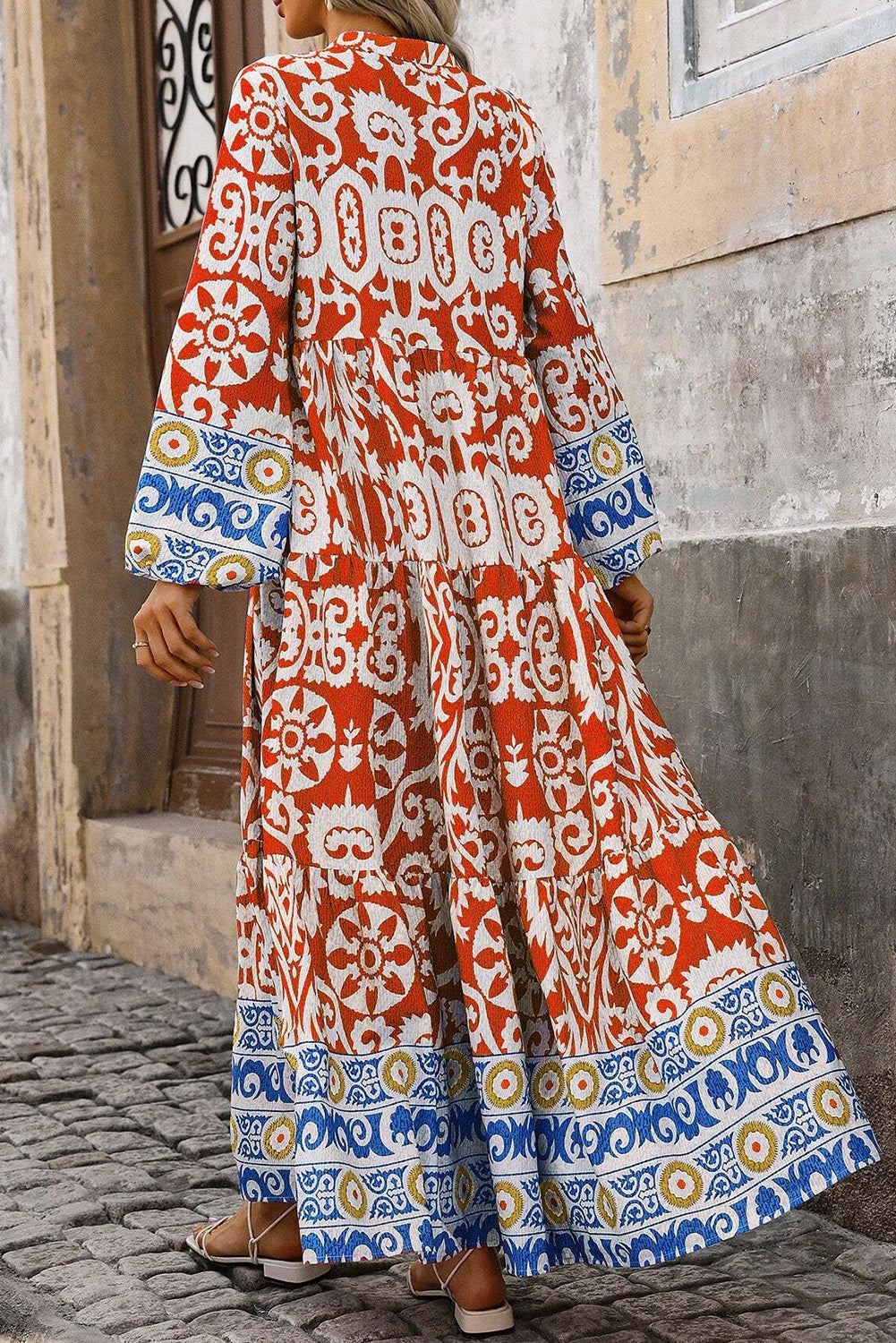 Orange Boho Geometric Printed Long Sleeve Maxi Dress