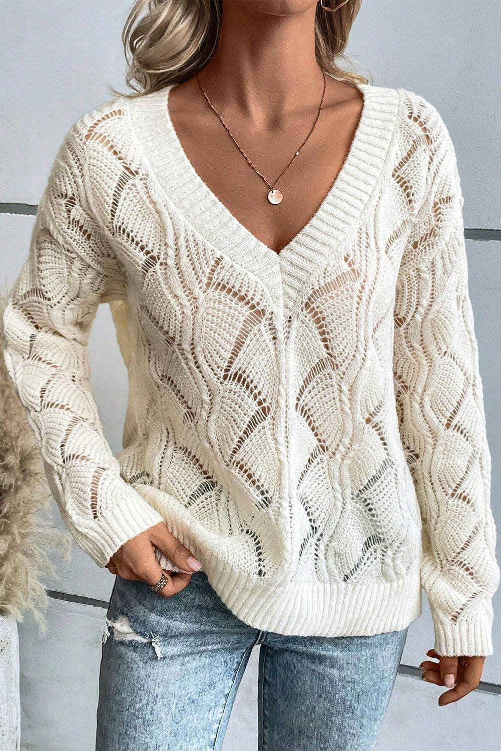 Beige Knit Hollow Out V Neck Drop Shoulder Sweater