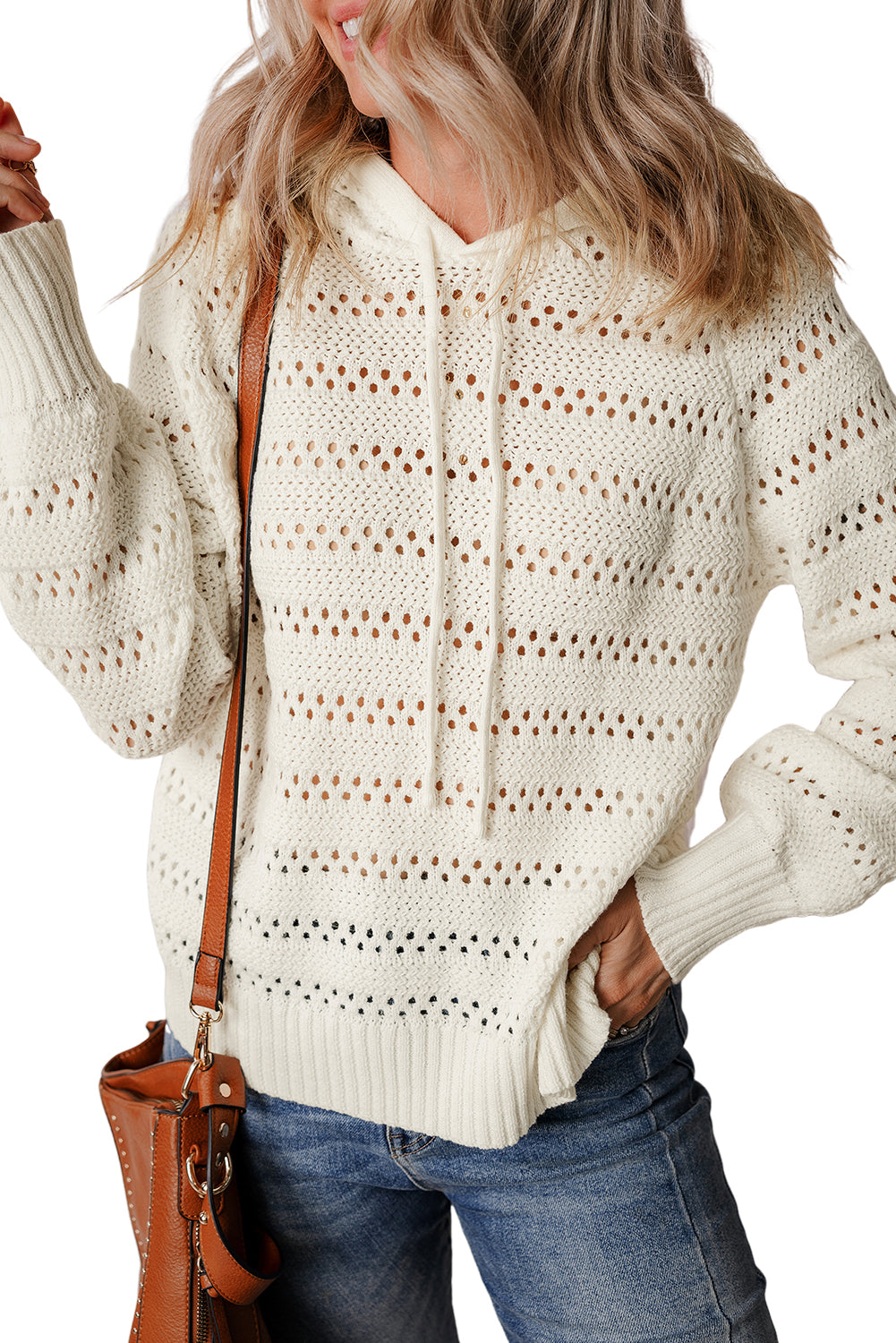 Peach Blossom Pointelle Knit Raglan Sleeve Drawstring Hooded Sweater