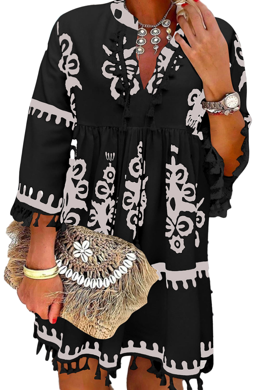 Black Ethnic Print Fringe Hem Plus Size Dress