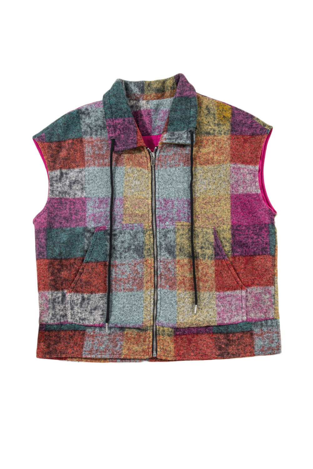 Pink Brushed Checked Print Side Pockets Zipper Jacket Vest