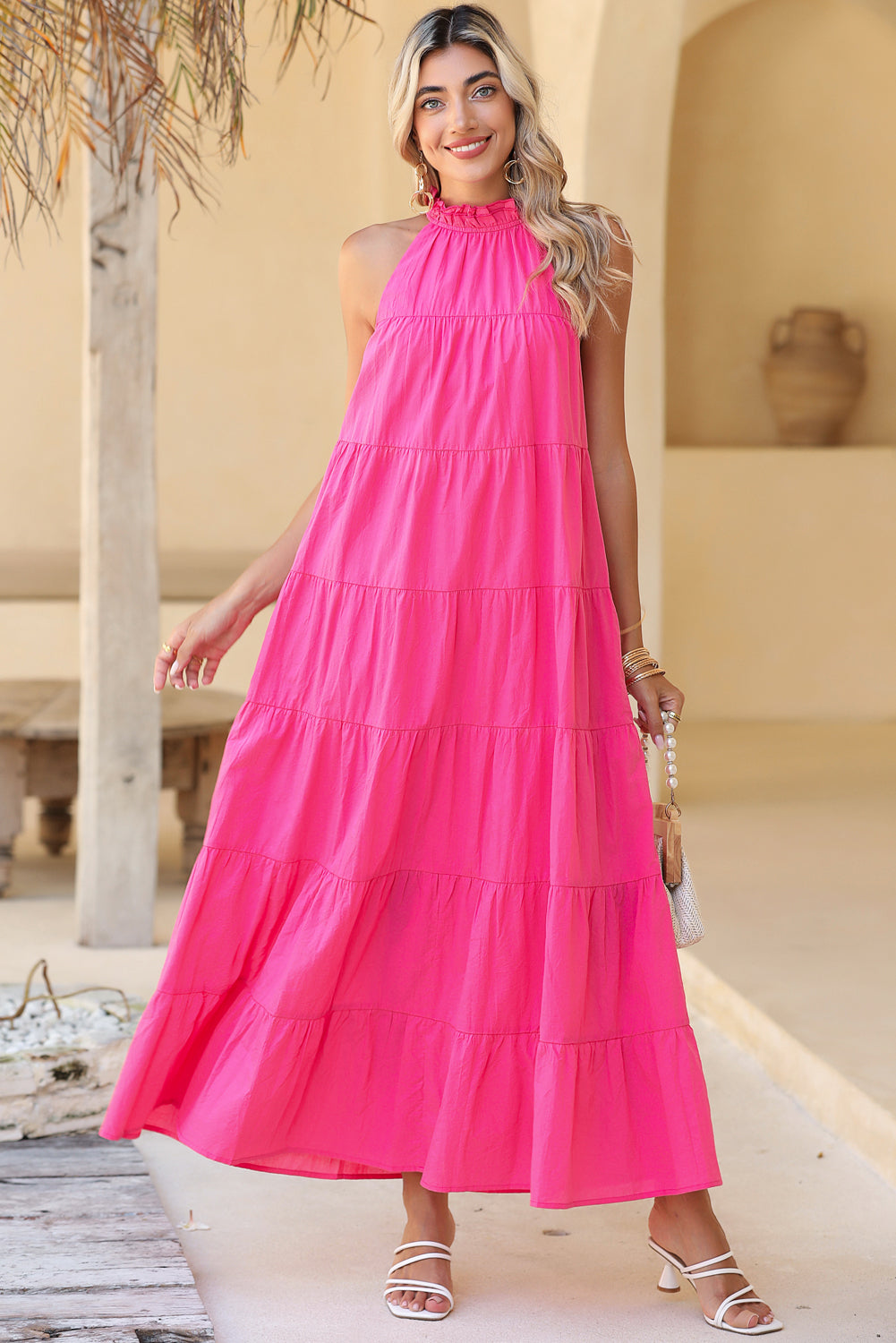 Rose Red Knotted Frill Neck Tiered Flared Maxi Dress