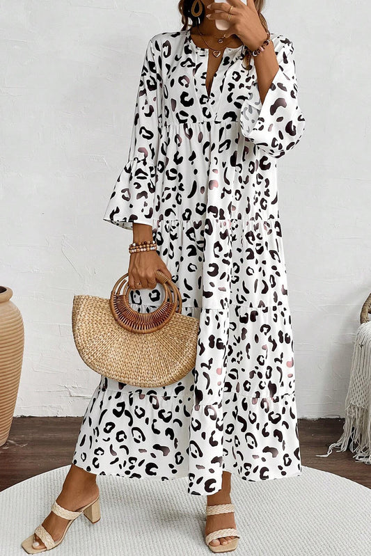 White Leopard Print Notch V Neck Loose Fit Maxi Dress