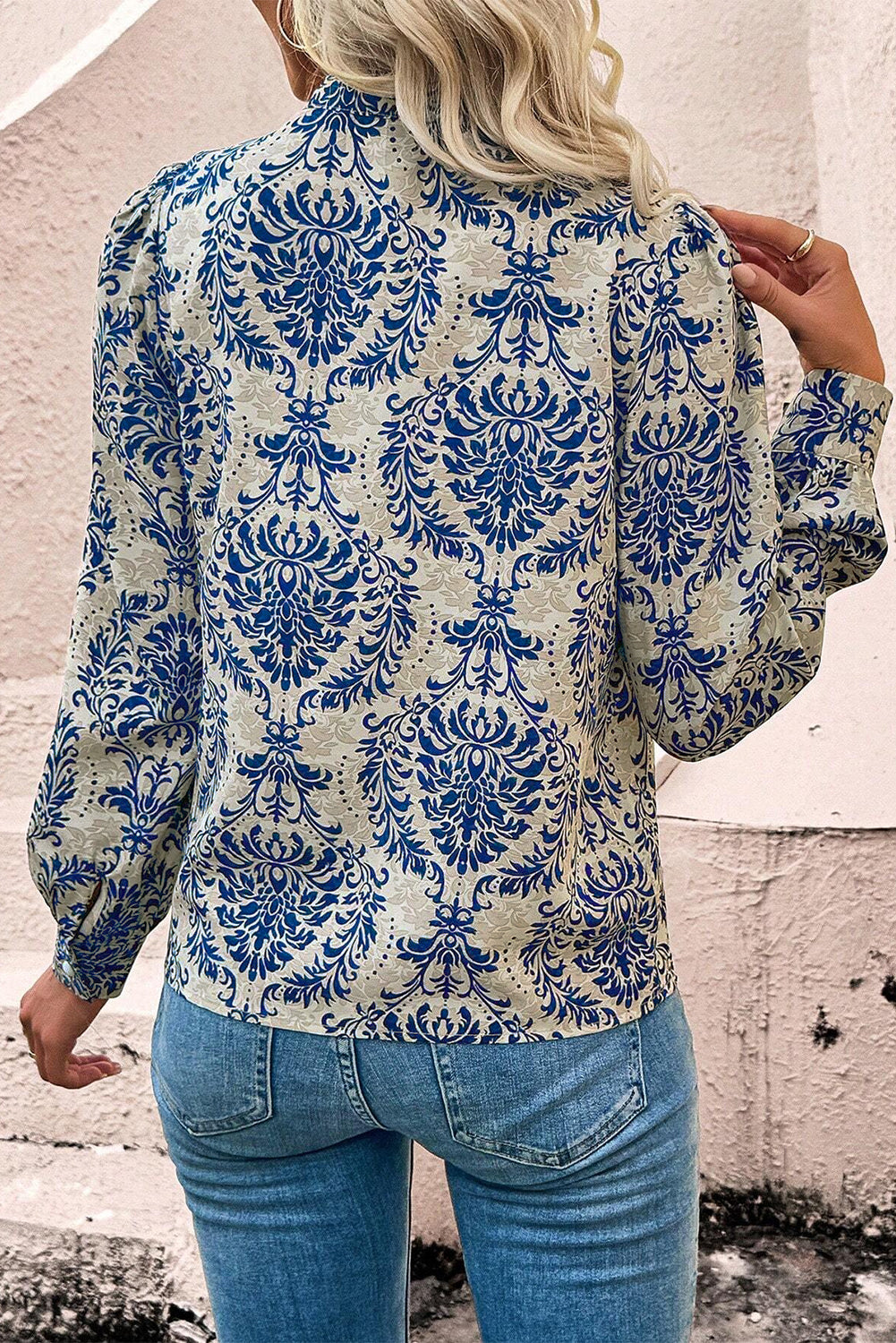 Sky Blue Bohemian Print Puff Sleeve Button-up Shirt