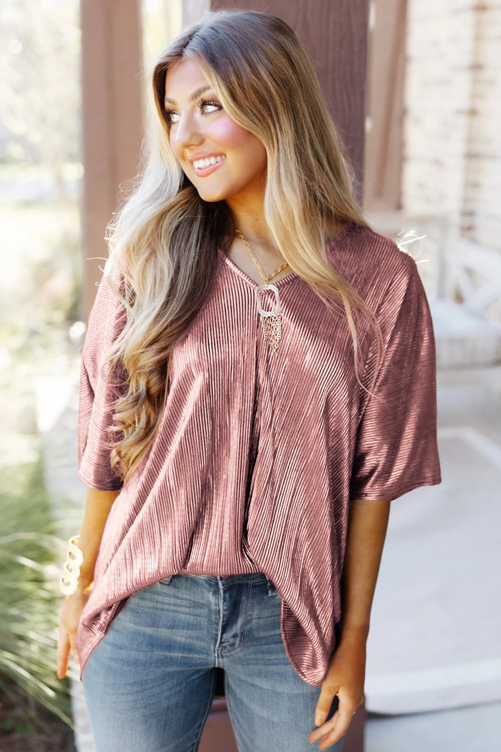Casual Textured V Neck Oversize Tunic