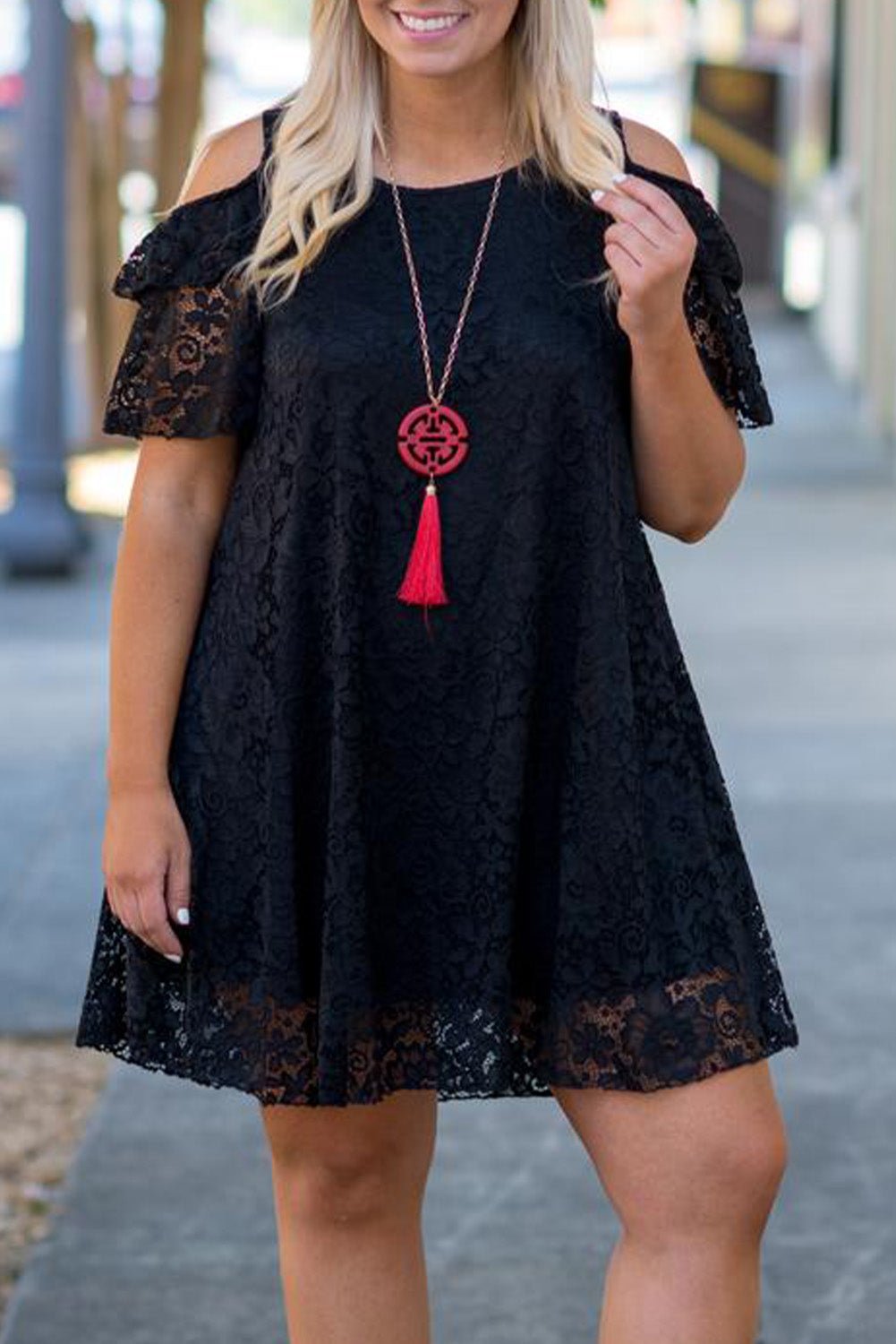 Black Lace Cold Shoulder Plus Size Dress