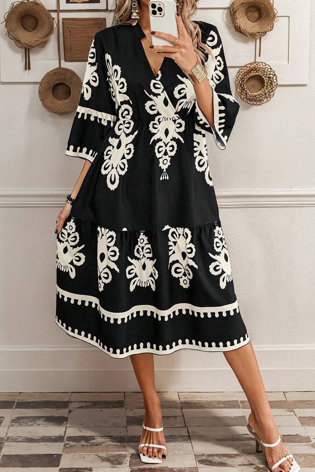 Black Ethnic Print 3/4 Sleeve Loose Midi Dress