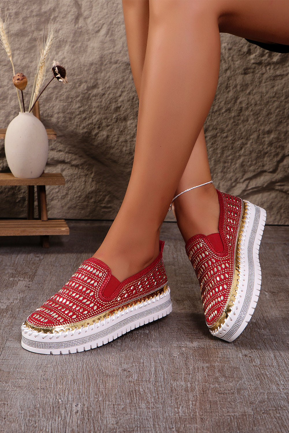 Fiery Red Shining Sequin Slip-On Sneakers