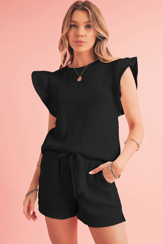 Black Textured Ruffle Sleeve Tee and Drawstring Shorts Set